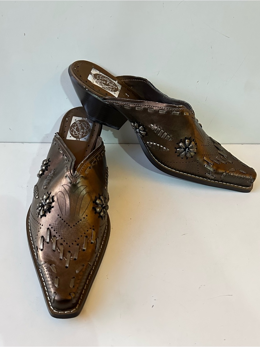 Hokus Pokus Vintage Bronze Metallic Leather Mules Western Pointed Toe Clogs 6.5